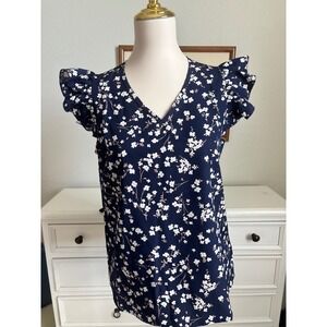 Floral Navy Blouse Flutter Sleeve V-Neck Women Small Dainty Print Summer Top